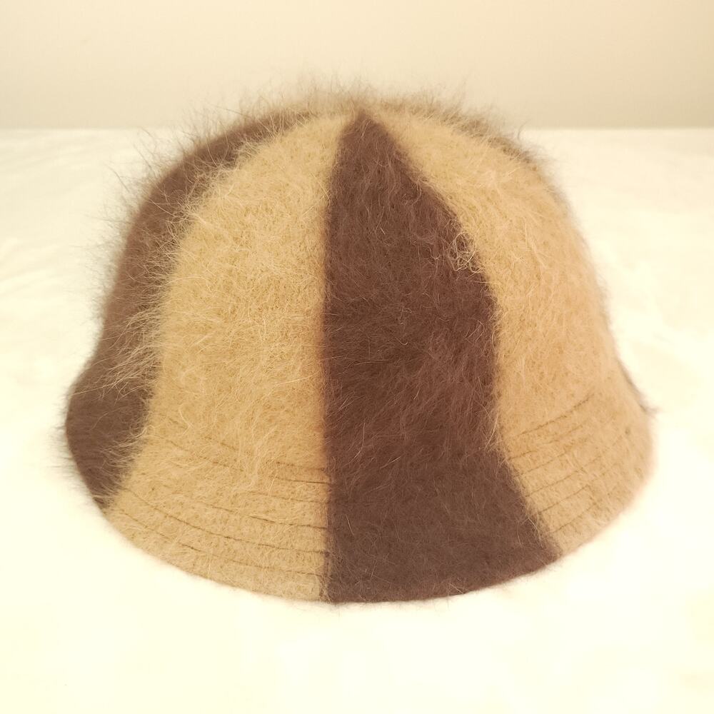 Vintage 80% Angora Fuzzy Bucket Hat Brown Camel Striped Retro Whimsigoth Mod